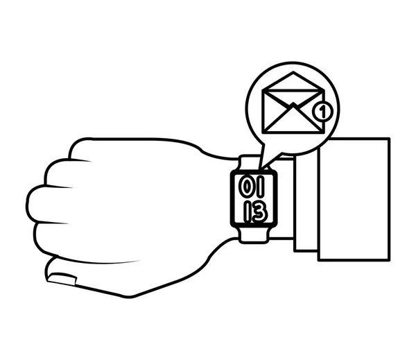 Mano con smartwatch enviar correo electrónico — Vector de stock