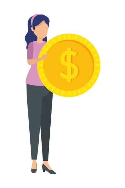Giovane donna sollevando moneta denaro dollaro — Vettoriale Stock