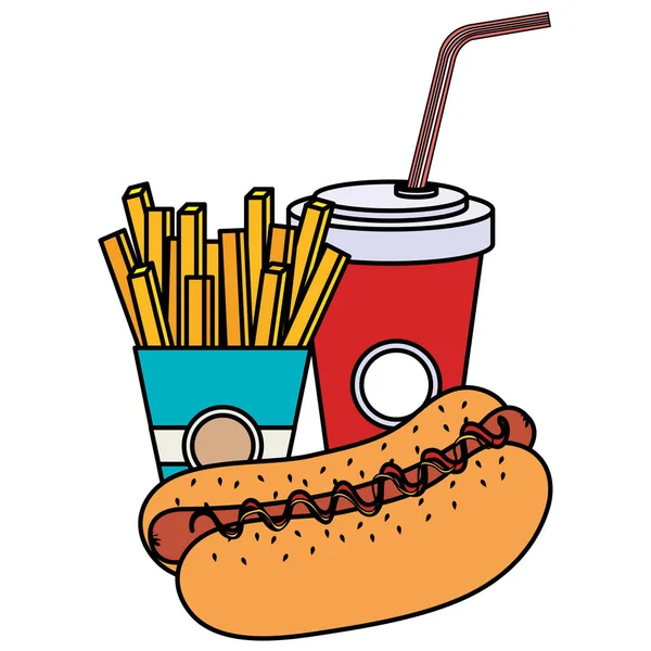 Hot dog con papas fritas y refrescos — Vector de stock