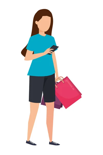 Young woman lifting shopping bags character — Stock Vector