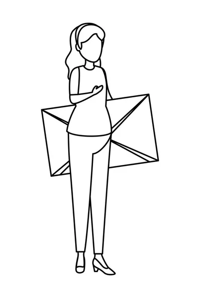 Молодая женщина поднимает конверт почты — стоковый вектор