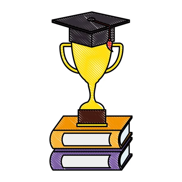 Books with trophy cup and graduation hat — Stock Vector