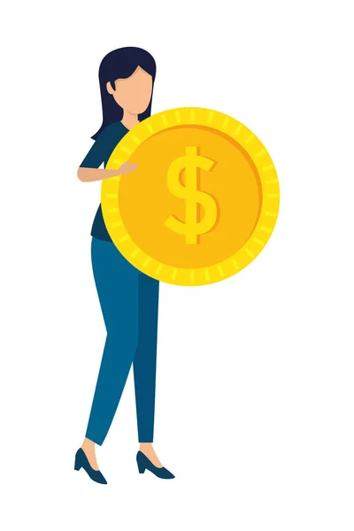 Mladá žena zvedání mince peníze dolar — Stockový vektor