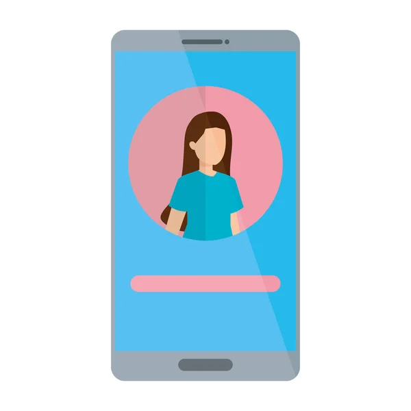 Mujer acount social en el personaje del dispositivo del teléfono inteligente — Vector de stock
