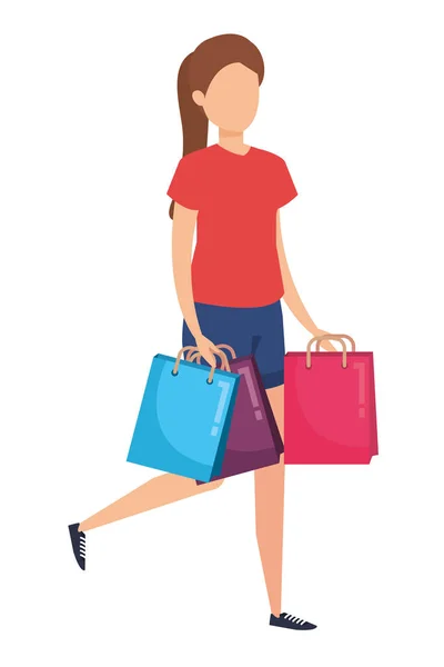 Mujer joven levantando bolsas de compras carácter — Archivo Imágenes Vectoriales