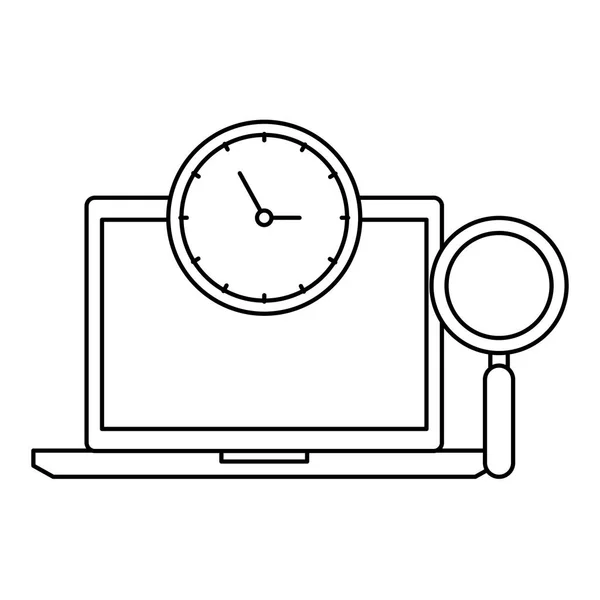 Laptop com relógio de tempo e lupa — Vetor de Stock
