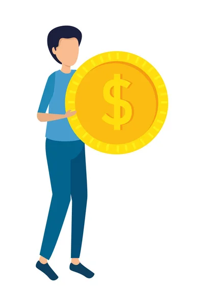 Joven hombre levantando moneda dinero dólar — Vector de stock