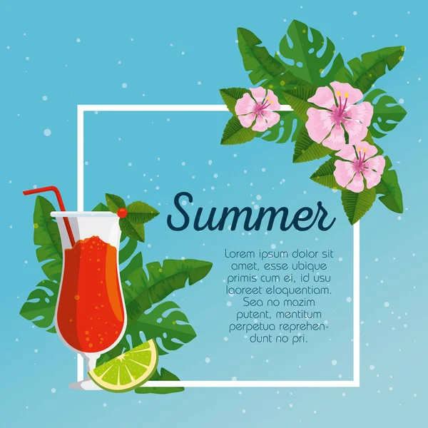 Summer card and tropical flowers with leaves and cocktails — Stock Vector