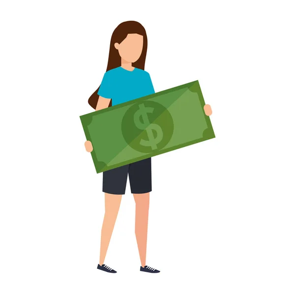 Woman lifting bill money dollar character — Stock vektor