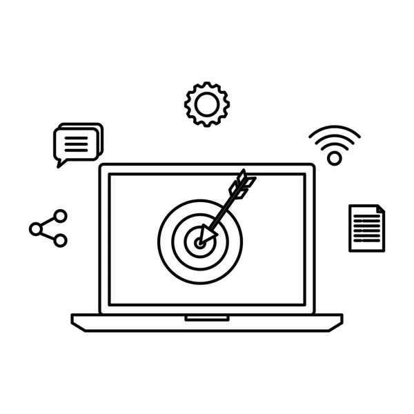 Laptop con icone target e social media — Vettoriale Stock