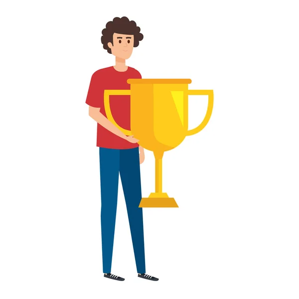 Young man lifting trophy cup award — Stock Vector