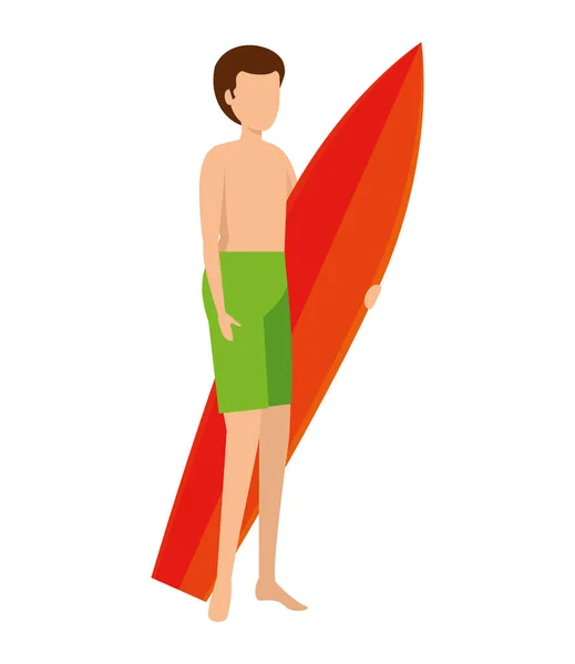 Jeune homme avec maillot de bain et planche de surf — Image vectorielle