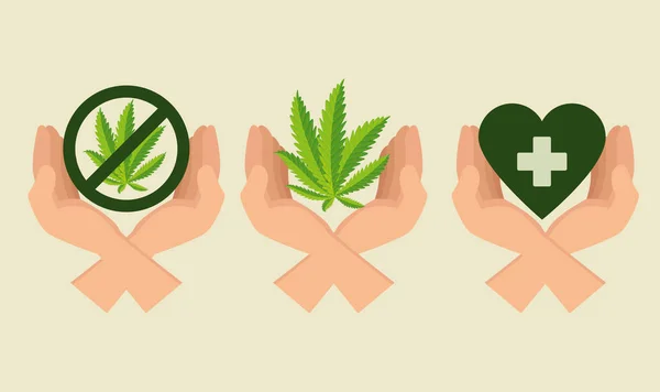 设置手与大麻植物和禁止的标志和心脏与交叉 — 图库矢量图片