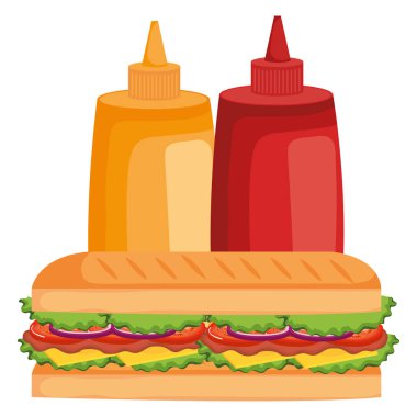 delicious sandwish with sauces bottles clipart