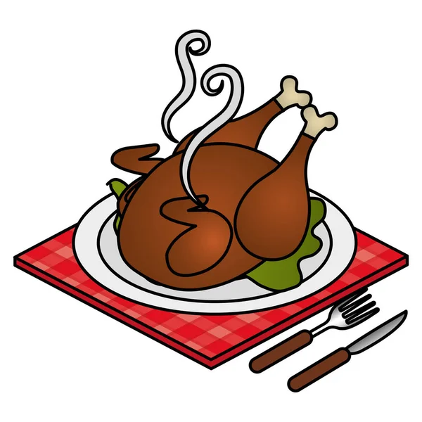 Tavuk eti ve çatal kaşık ile çanak — Stok Vektör