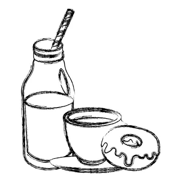 Xícara de café e garrafa de leite com donuts doces — Vetor de Stock