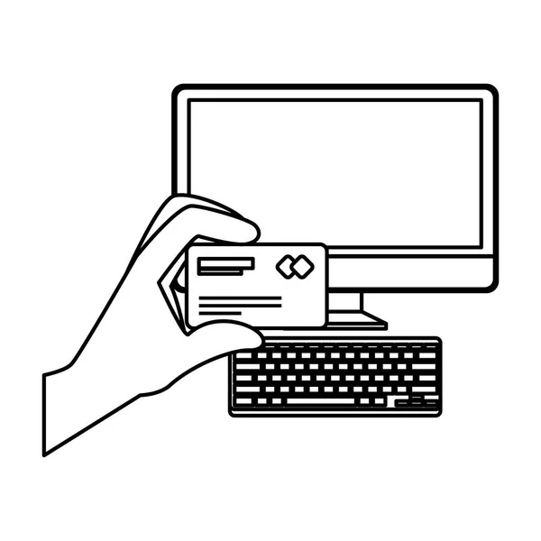 Desktop con mano utilizzando l'icona della carta di credito ecommerce — Vettoriale Stock