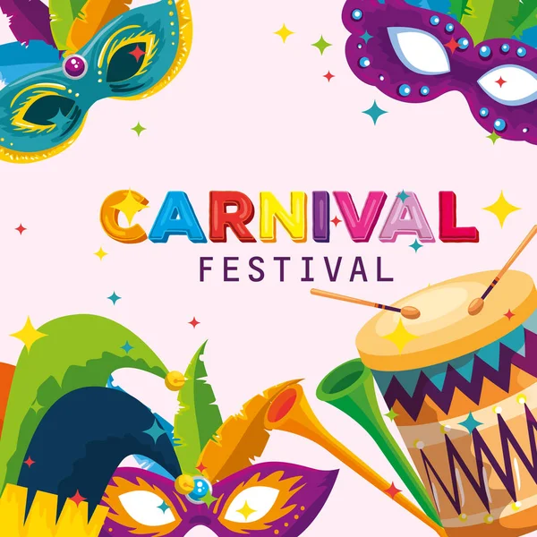 Máscara de carnaval con plumas y sombrero joker decoración con tambor — Vector de stock