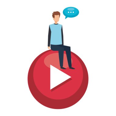 Genç adam konuşma baloncuğu ile oynat düğmesine oturdu