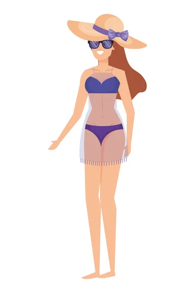 Hermosa chica con traje de baño y gafas de sol, sombrero — Vector de stock