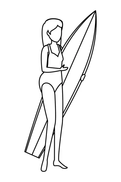 Hermosa mujer con traje de baño y tabla de surf — Vector de stock