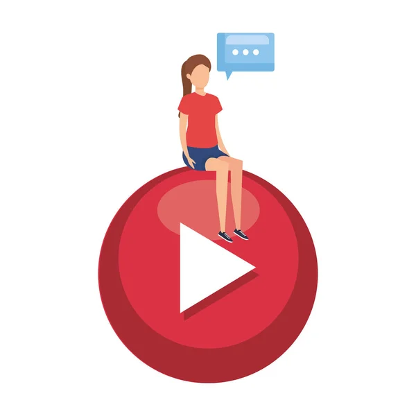 Mujer sentada en el botón de juego con burbuja del habla — Vector de stock