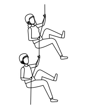 Genç çift halat ile tırmanıyor.