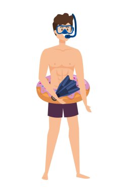 Donutlu genç adam yüzer ve dalış ekipmanlarıyla