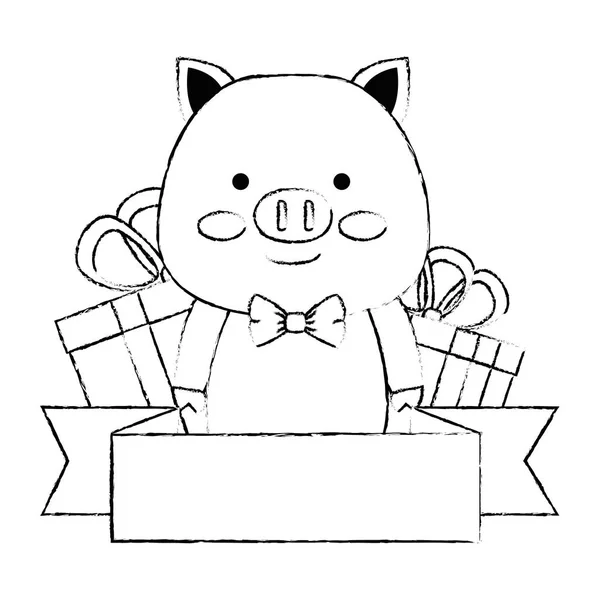 Cute pig with gifts character icon — Stock Vector