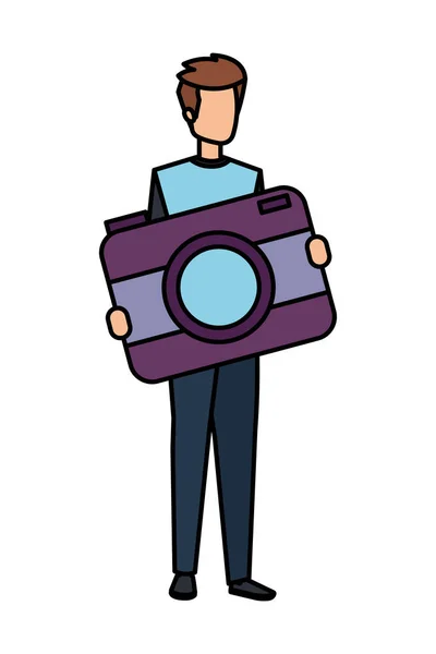 Jonge man tillen camera fotografisch karakter — Stockvector