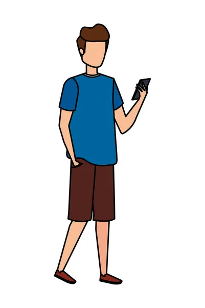 Jonge man met behulp van smartphone karakter — Stockvector