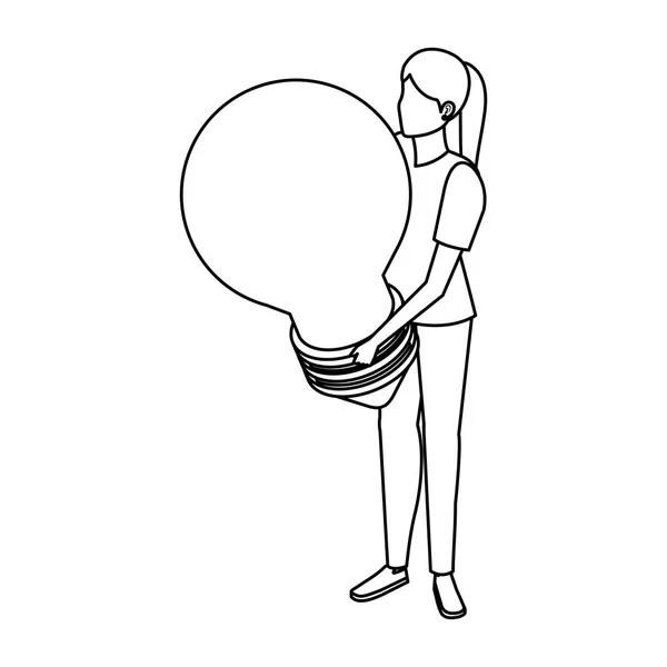 Молодая женщина поднимает лампочку — стоковый вектор
