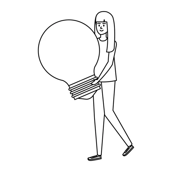 Молодая женщина поднимает лампочку — стоковый вектор