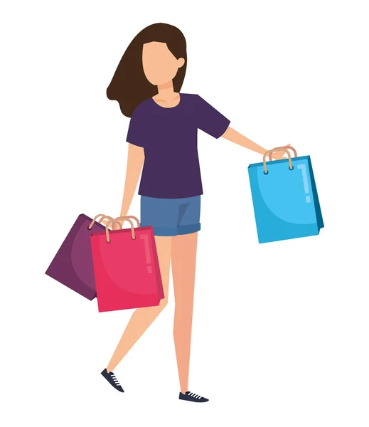 Mujer joven levantando bolsas de compras carácter — Vector de stock