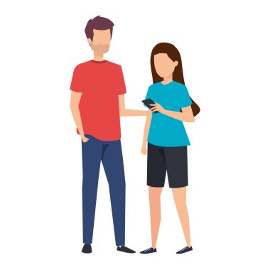 Akıllı telefon karakterleri kullanan genç çift