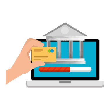 banka binası ve kredi kartı ile dizüstü bilgisayar