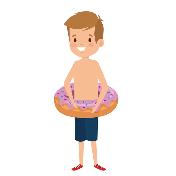 Söt liten pojke med baddräkt och donut Float — Stock vektor
