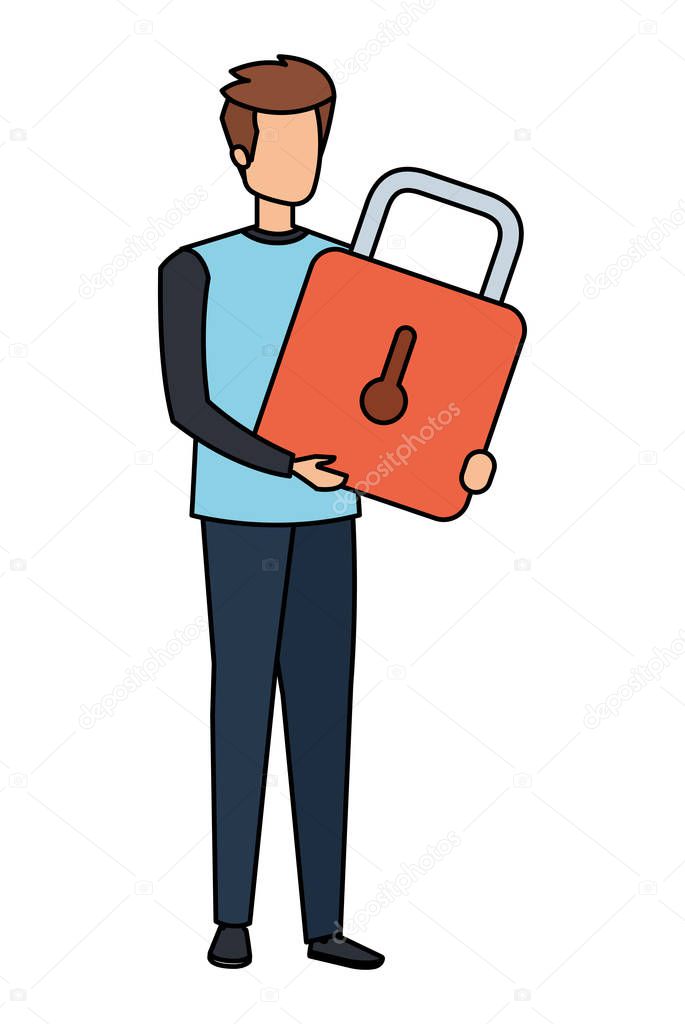 young man lifting padlock character