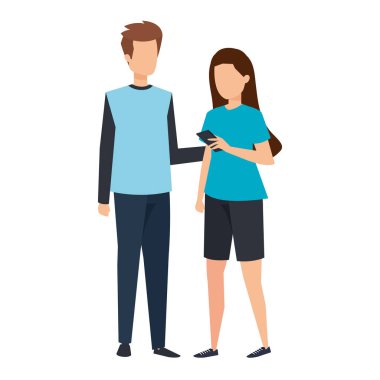 Akıllı telefon karakterleri kullanan genç çift