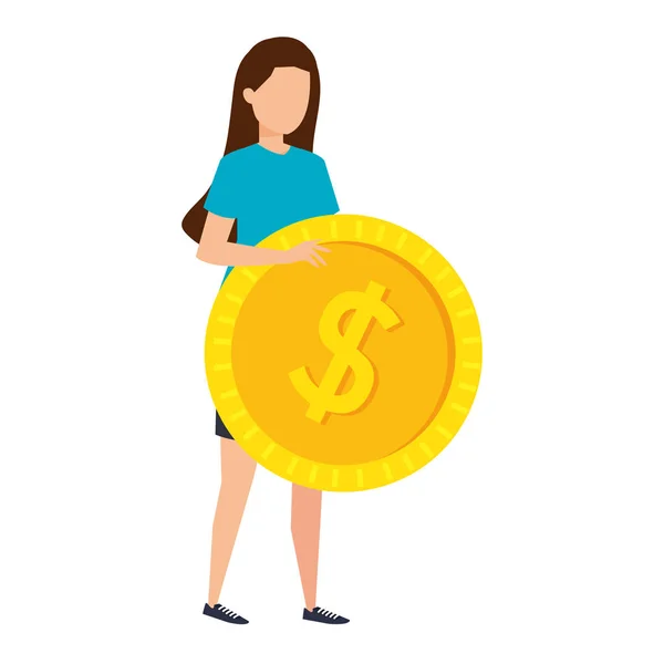 Joven mujer levantando moneda dinero dólar — Archivo Imágenes Vectoriales
