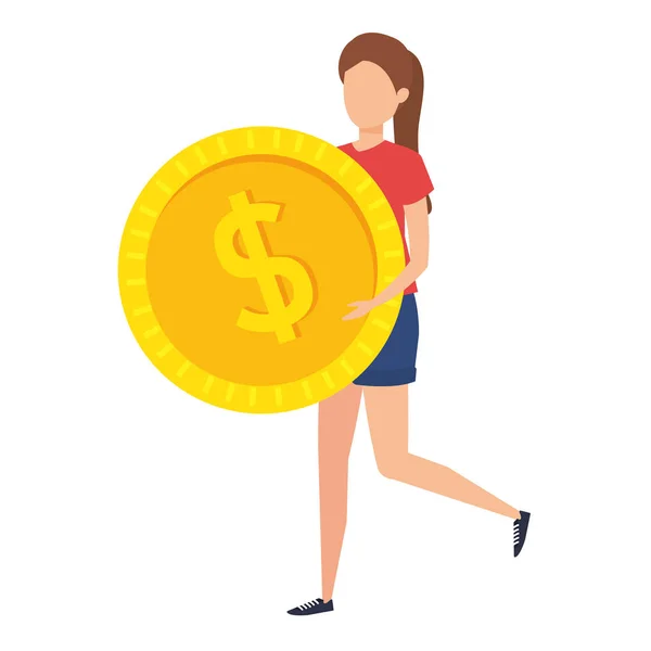 Joven mujer levantando moneda dinero dólar — Vector de stock