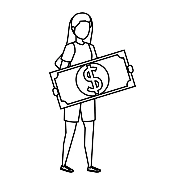 Donna sollevamento disegno di legge denaro dollaro carattere — Vettoriale Stock