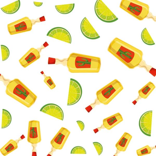 Μπουκάλια τεκίλα και τα λεμόνια φρούτα μοτίβο — Διανυσματικό Αρχείο