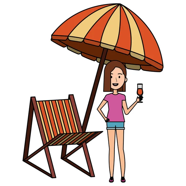 Fiatal nő ital-és esernyő strand — Stock Vector