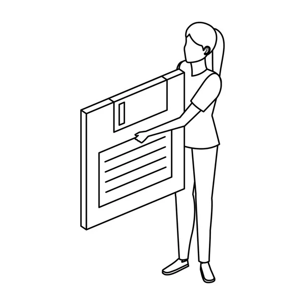 Jeune femme levage disquette stockage de données — Image vectorielle