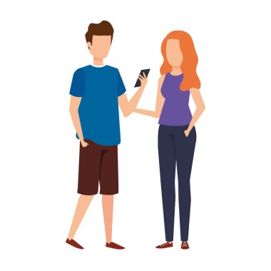 Akıllı telefon karakterleri kullanan genç çift
