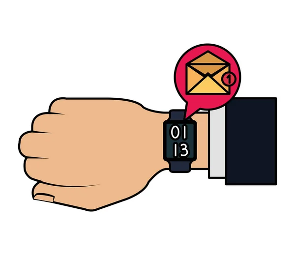 Ruka s smartwatchem posílání e-mailu — Stockový vektor