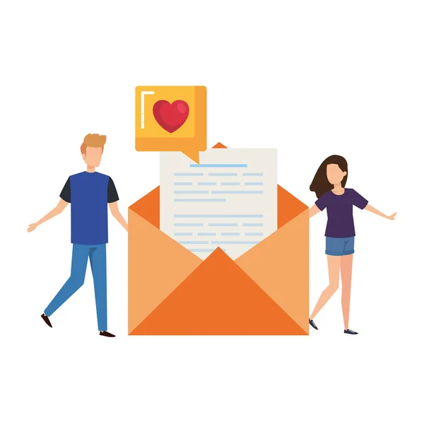 Young couple with envelope and love speech bubble — 图库矢量图片