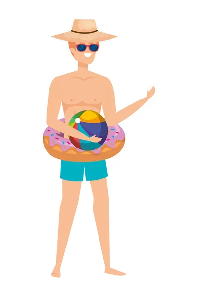 Joven con carácter de donut float y globo de playa — Vector de stock