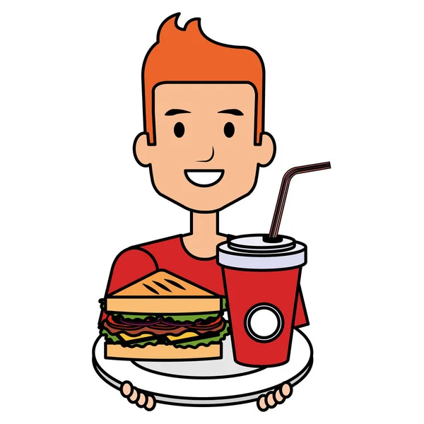 Homme avec délicieux sandwish et soda — Image vectorielle